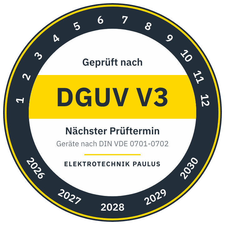 Prüfplakette: geprüft nach DGUV Vorschrift 3, Geräte nach DIN VDE 0701-0702